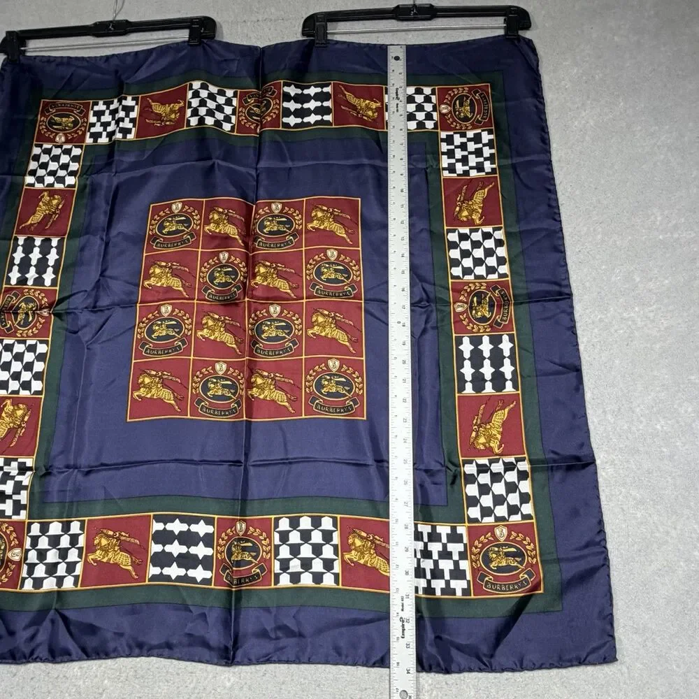 Vintage 80s 90s Burberrys Silk Twill Square Scarf Blue Red Equestrian Logo Italy